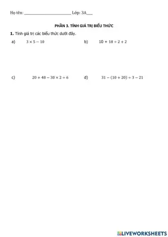 Ôn tập tiết 2-Tính giá trị biểu thức