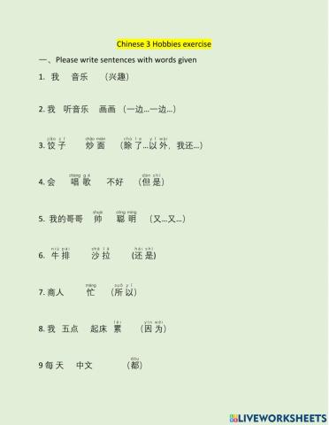 Chinese 3 hobbies exercises