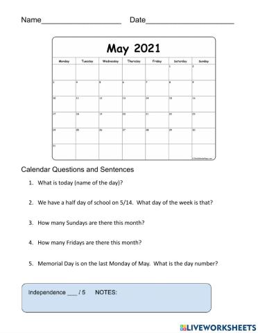 Friday May 7, 2021 calendar questions