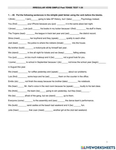 Irregular Verbs Simple Past Test Most Common Verbs