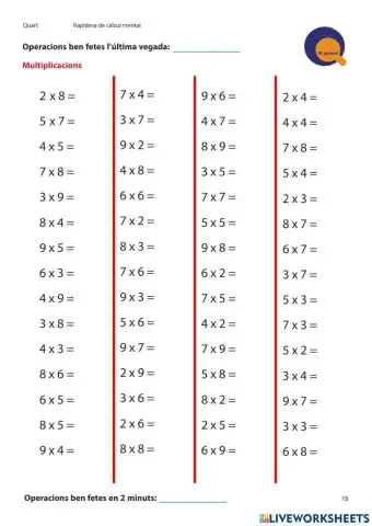 Càlcul ràpid multiplicacions nivell 4t. Quinzet