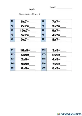 Times tables 7 & 9