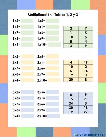 Multiplicación Tabla 1,2,3