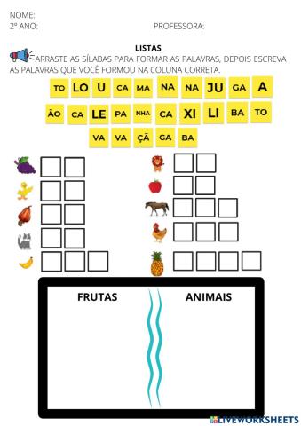 Listas de frutas e animais