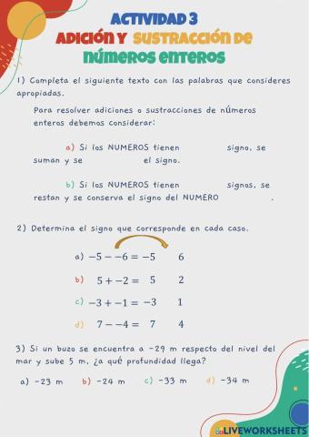 ACTIVIDAD 3 - Adición y sustracción números enteros
