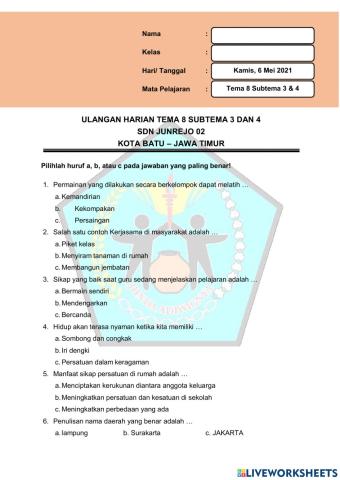 Kelas 2 SD-ULANGAN HARIAN TEMA 8 SUBTEMA 3 DAN 4