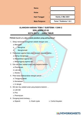 UH Kelas 2 SD Tema 7 Subtema 1 dan 2