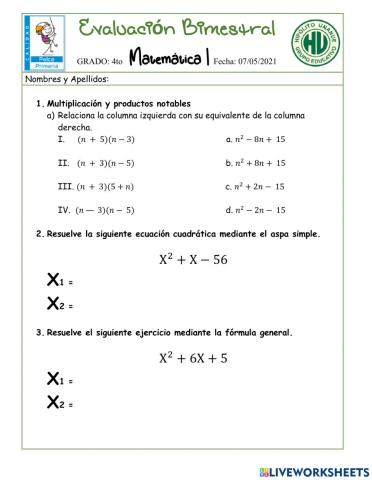 Examen Bimestral Secundaria 4to
