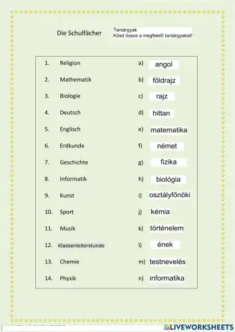 Schulfächer-Stundenplan