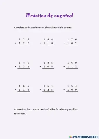 Práctica de cuentas: Suma sin dificultad (hasta 300)