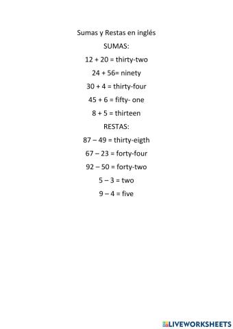 Completa las operaciones en ingles suma y resta.