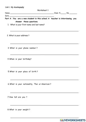 WS 1 Unit 1 My Autobiography