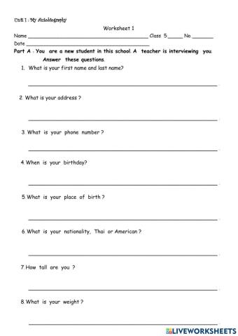 WS 1 Unit 1 My Autobiography