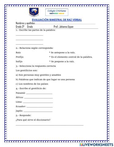 Evaluacion bimestral de raz verbal