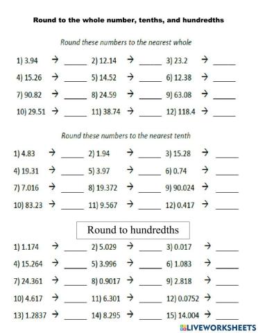 Rounding whole numbers, decimals tenths, and hundredths