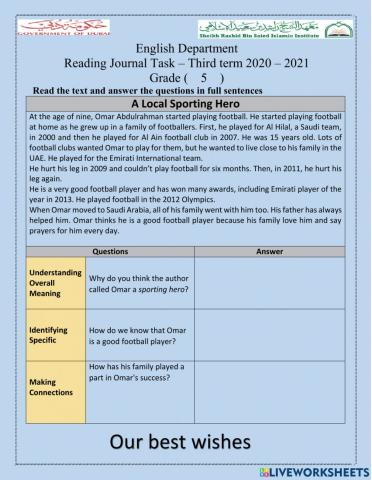 Reading Journal Task – Third term 2020 – 2021