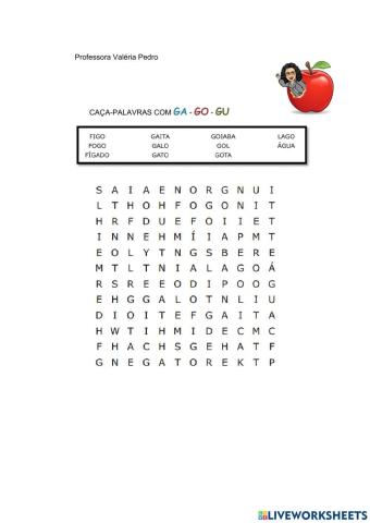 Caça-palavras com GA - GO - GU