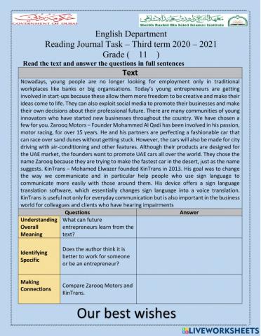 Reading Journal Task – Third term 2020 – 2021