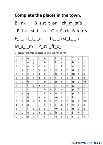 Places in the town wordsearch