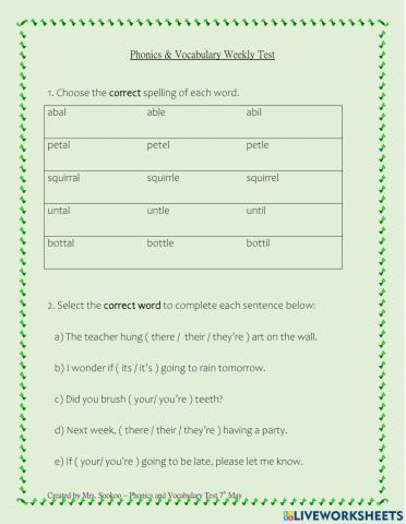 Phonics and Vocabulary May 7th Test