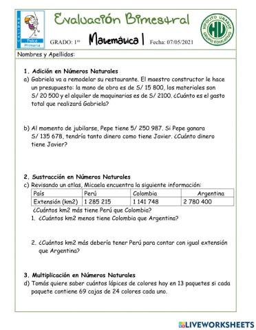 Examen Bimestral Secundaria 1ro
