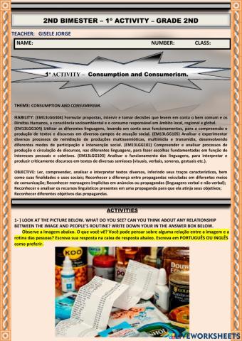2nd BIMESTER - 1ª ACTIVITY – CONSUMPTION AND CONSUMERISM - GRADE 2nd