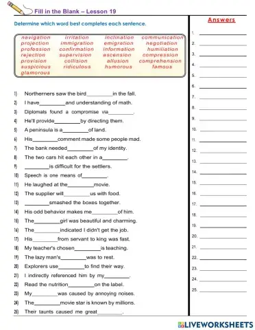 Lesson 19 Suffixes -ous, -sion, -ion, -ation
