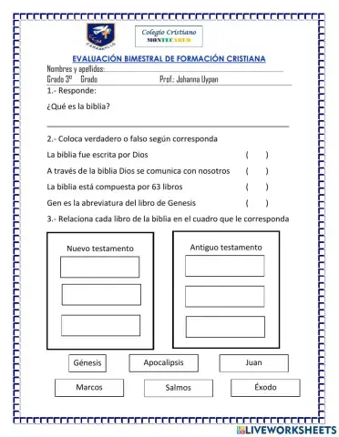 Evaluación bimestral de formación cristiana