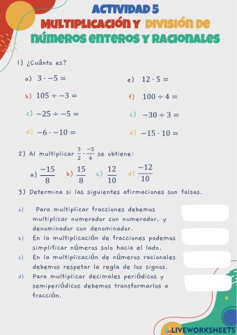 ACTIVIDAD 5 - Multiplicación y división números enteros y racionales