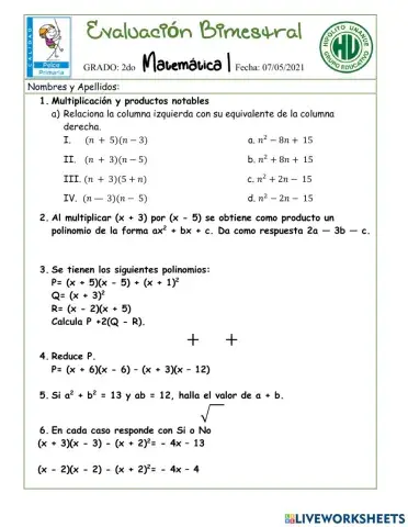 Examen Bimestral Secundaria 2do