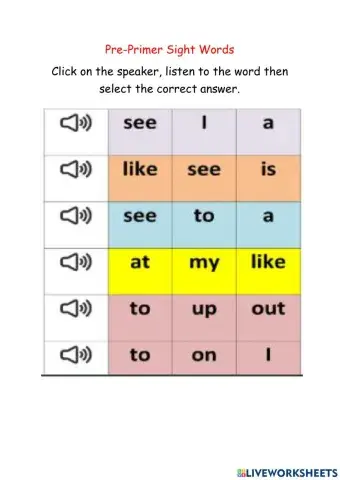 Basic Pre-primer Sight Words