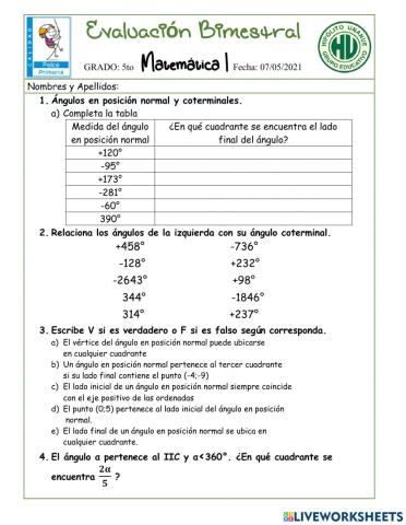 Examen Bimestral Secundaria 5to