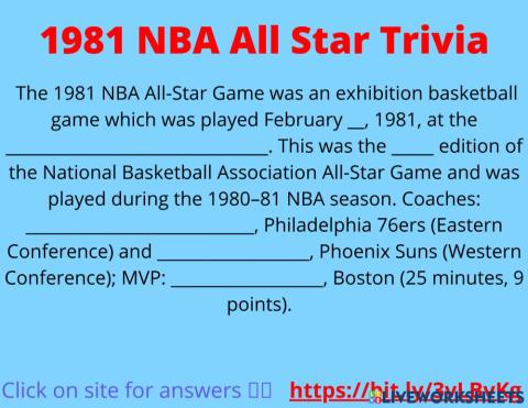 1981 NBA All Star Trivia Fill In the Blank