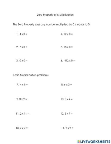 Zero Property of Multiplication & Basic Facts