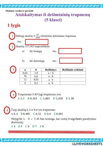 Atsiskaitymas iš skyriaus „Dešimtainės trupmenos“