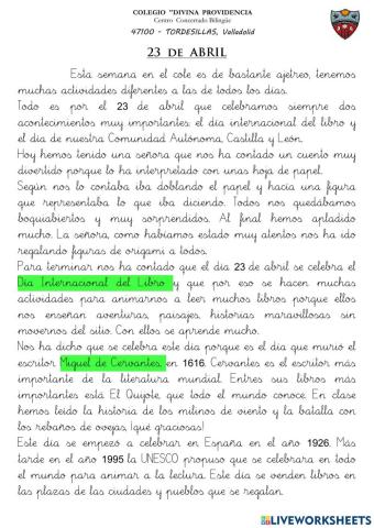 Comprensión Lectora 3º EP 16.- 23 de ABRIL