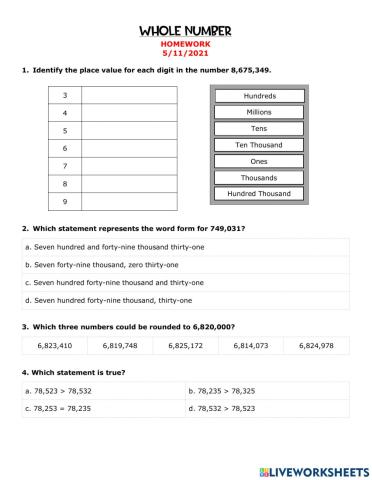 Whole Numbers SOL Review Homework