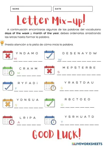 Days of the week and month of the year activity