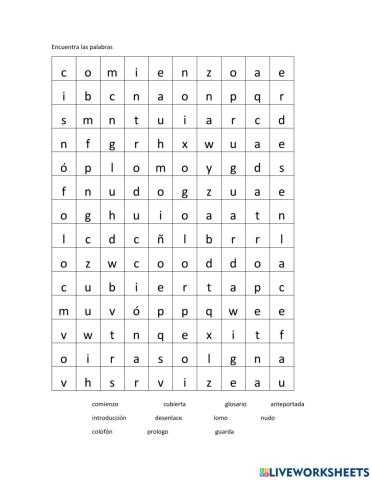 Sopa de letras partes del libro y del cuento