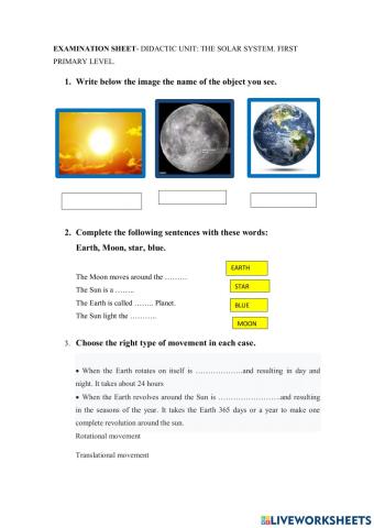 Evaluation sheet. The Solar System