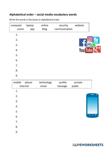 Alphabetical order - Social media words