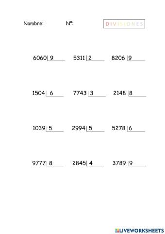 Ficha para imprimir, divisiones una cifra