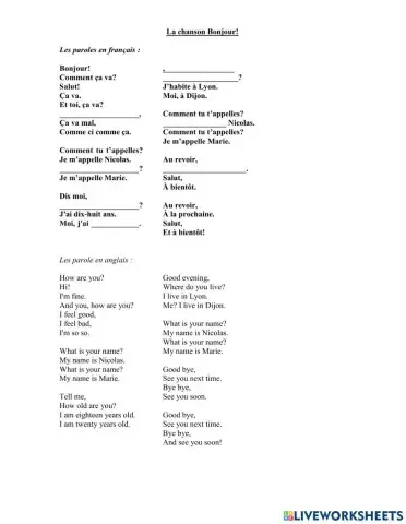 La chanson : bonjour