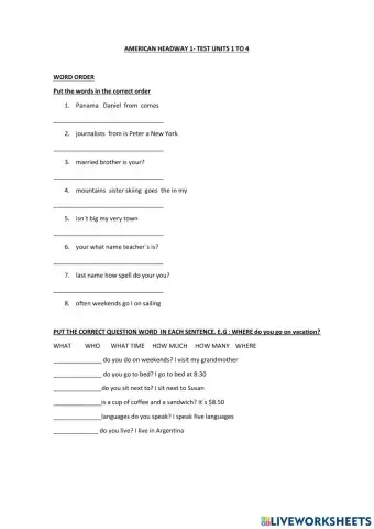 American headway 1 units 1 to 4 test