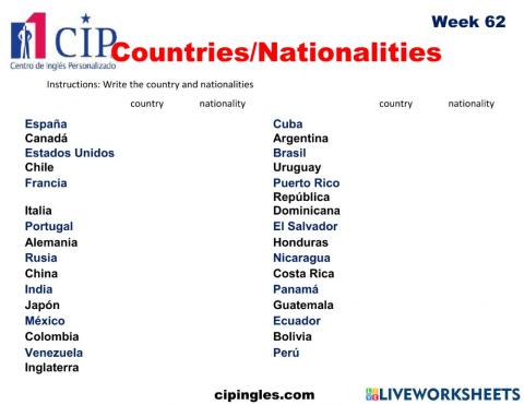 Countries and Nationalities Week 62