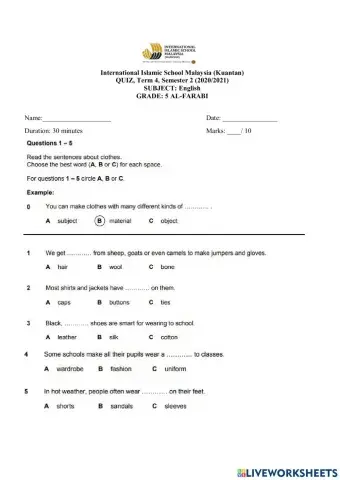 G5 english quiz (term 4)