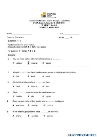 G5 english quiz (term 4)