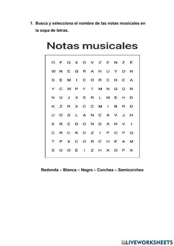 Sopa de letras de las notas musicales