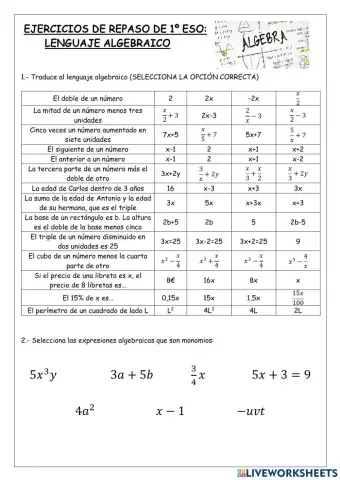 Ejercicios Repaso: Lenguaje Algebraico