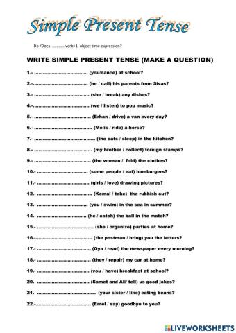 Simple Present Tense soru form Alıştırma 1